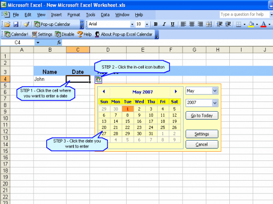 Pop-up Excel Calendar Screenshot 1
