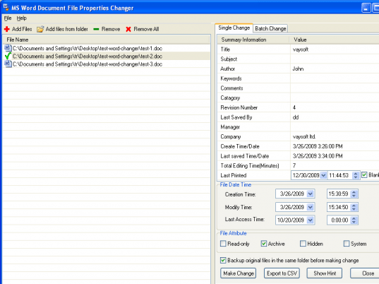 MS Word Document File Properties Changer Screenshot 1