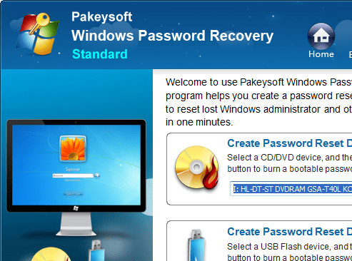 Pakeysoft Windows Password Recovery Screenshot 1