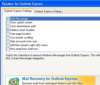 Tweaker for Outlook Express Screenshot 1