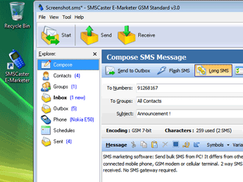 SMSCaster E-Marketer - SMS Marketing PC Software to send bulk SMS with mobile phone connected to PC. Screenshot 1