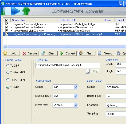 Boilsoft 3GP/iPod/PSP/MP4 Converter Screenshot 1
