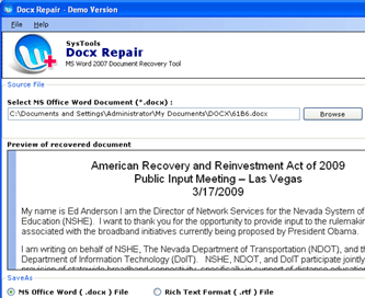 Recover 2007 Word File Screenshot 1