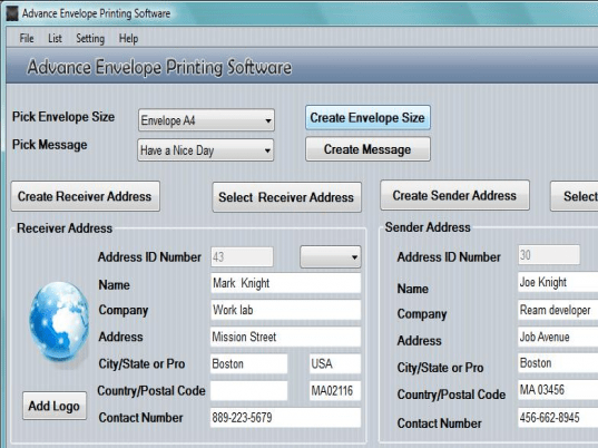 Printing Envelope Software Screenshot 1