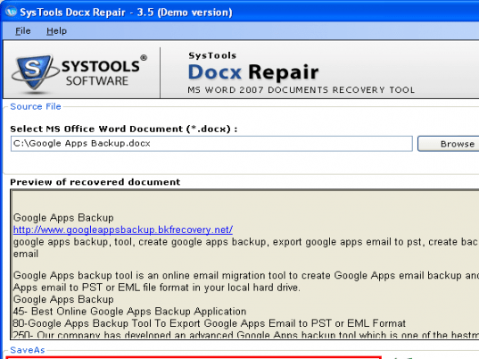 Docx File Recovery Software Screenshot 1