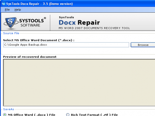 MS Word 2007 File Recovery Screenshot 1