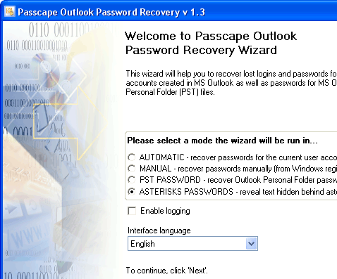 Passcape Outlook Password Recovery Screenshot 1