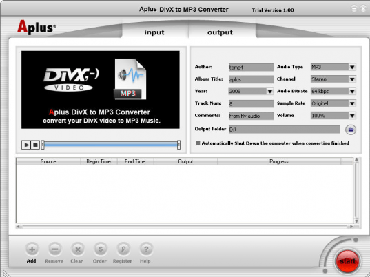 Aplus DIVX to MP3 Converter Screenshot 1