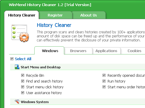 WinMend History Cleaner Screenshot 1