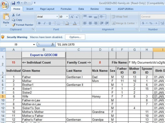 Excel2GED-family.xls Screenshot 1