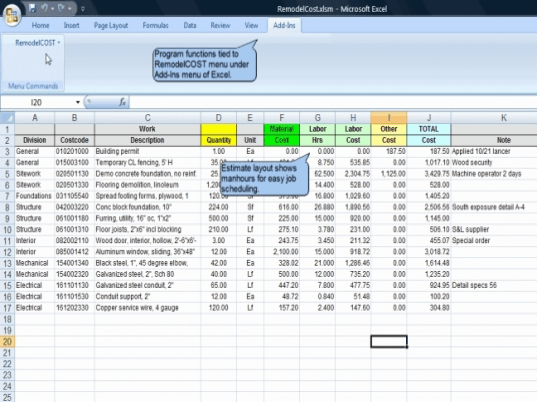 RemodelCOST Estimator for Excel Screenshot 1