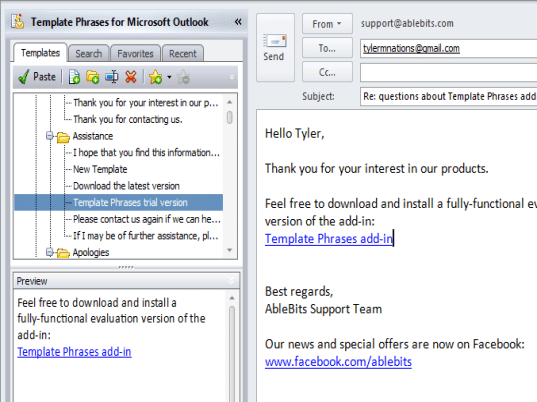 Template Phrases for Microsoft Outlook Screenshot 1