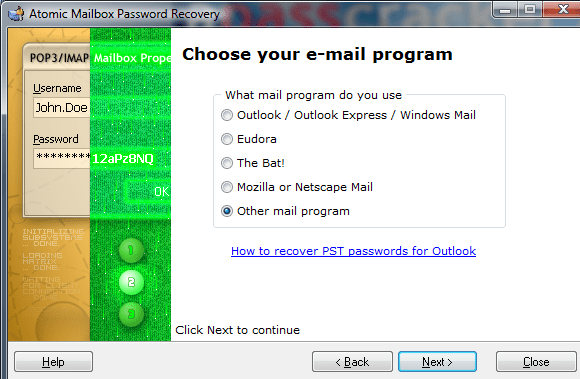 Atomic Mailbox Password Recovery Screenshot 1