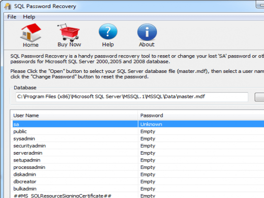 Pakeysoft SQL Password Recovery Screenshot 1