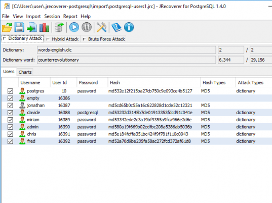 JRecoverer for PostgreSQL Passwords Screenshot 1