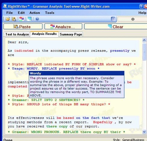 RightWriter Grammar Analysis Screenshot 1