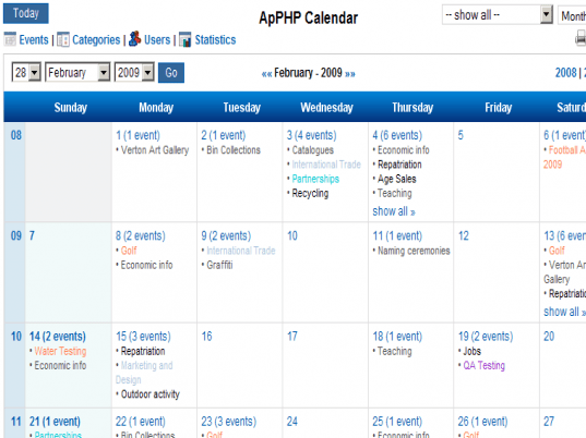 PHP Events Calendar Control Screenshot 1