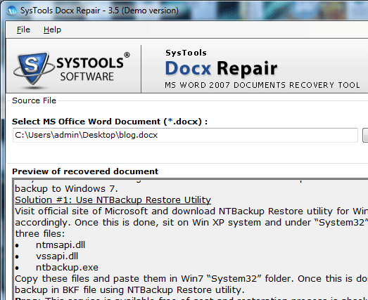 Recover Docx File Screenshot 1