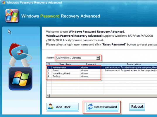 Windows 7 Password Recovery Tool Screenshot 1