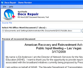 Word 2007 Repair Corrupted Document Screenshot 1