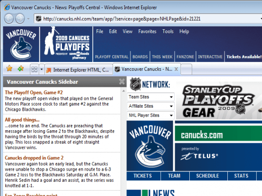 NHL Vancouver Canucks IE Browser Theme Screenshot 1