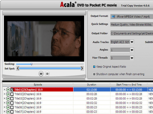 Acala DVD to Pocket PC movie Screenshot 1