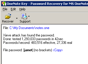OneNote Password Recovery Key Screenshot 1