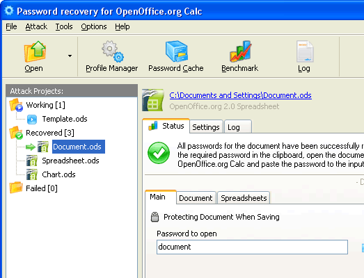 OpenOffice Calc Password Recovery Screenshot 1