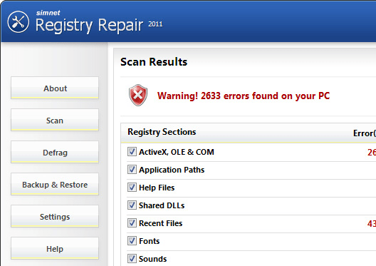 Simnet Registry Repair 2010 Screenshot 1