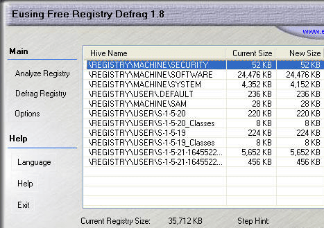 Eusing Free Registry Defrag Screenshot 1