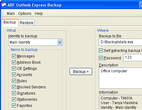ABF Outlook Express Backup Screenshot 1
