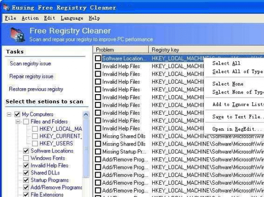 Eusing Free Registry Cleaner Screenshot 1