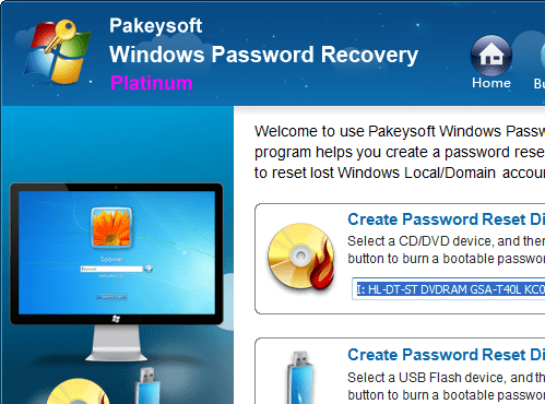 Pakeysoft Windows Password Recovery Pla Screenshot 1