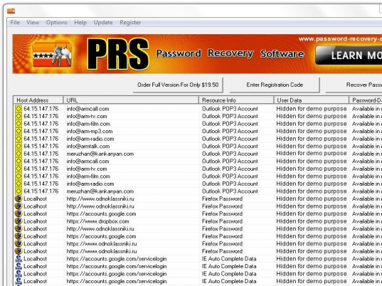 PRS Password Recovery Software Screenshot 1