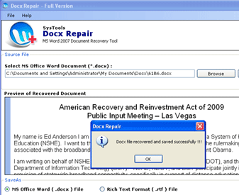 Word 2007 Document Repair Screenshot 1