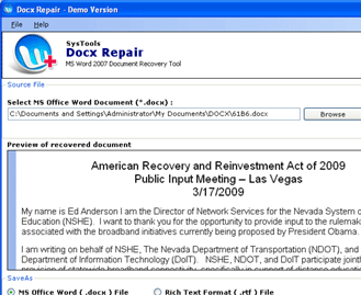 Microsoft Word Docx Repair Screenshot 1